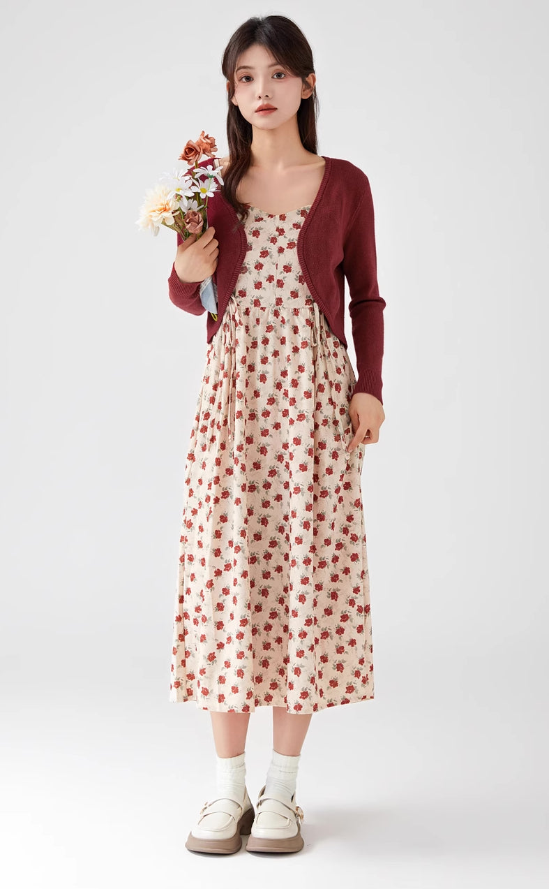 Lace Up Floral Cami Midi Dress (Beige/Red)