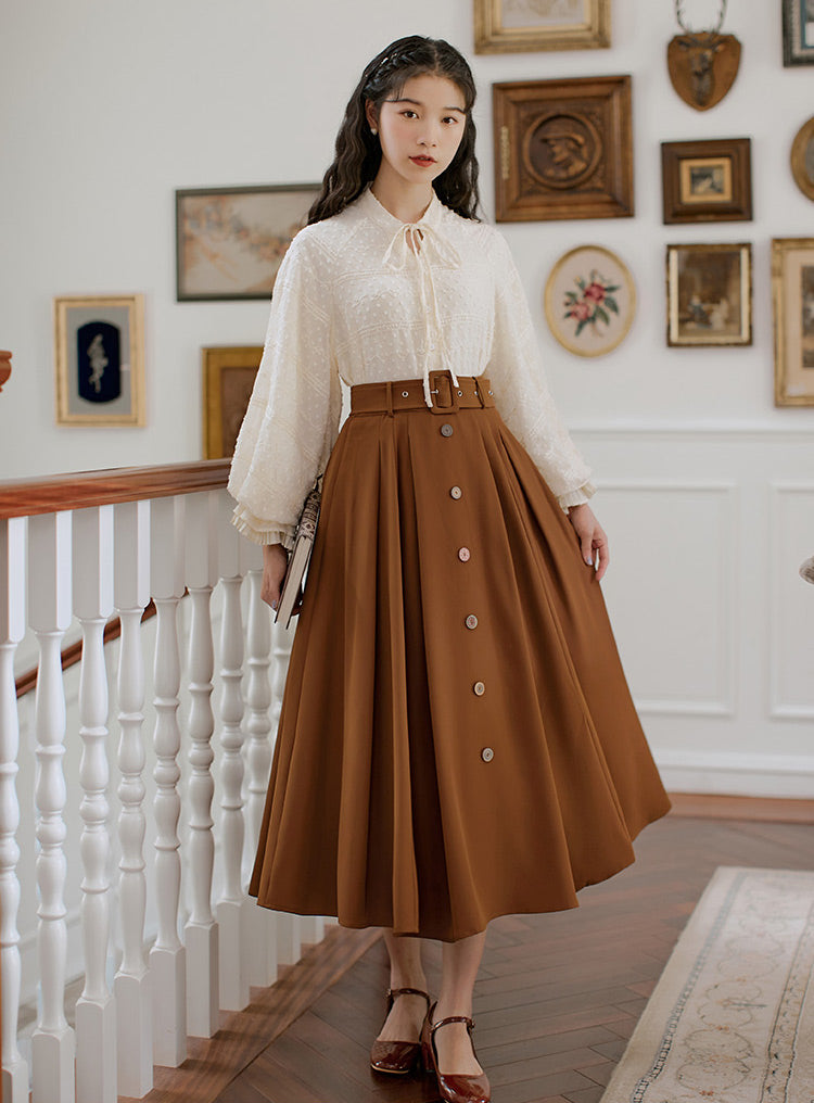 Classic Belted Button Midi Skirt (Brown)