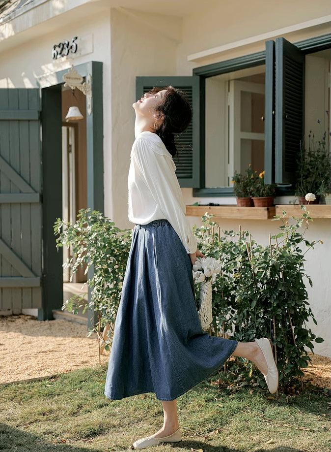 Pleated Denim Midi Skirt (3 Colors)