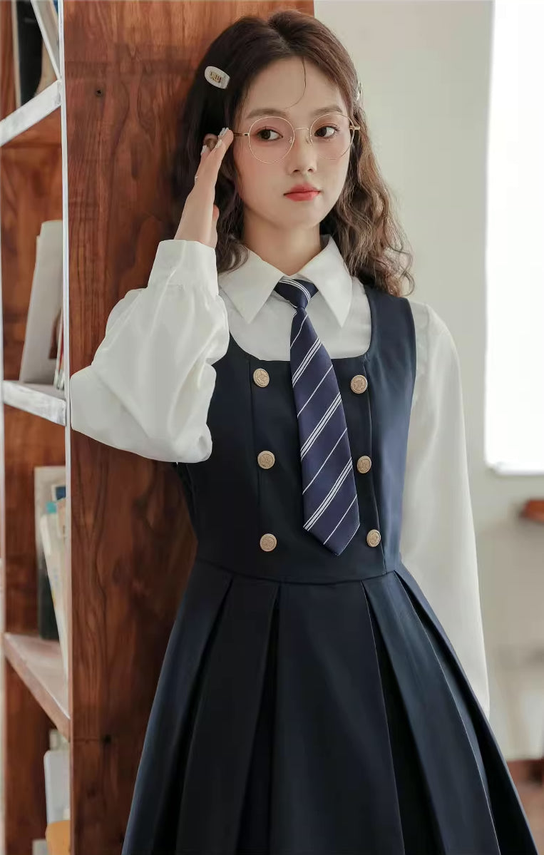 Double Breasted Mini Pinafore Set (Navy)