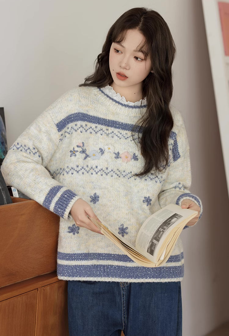 Embroidered Floral Fair Isle Sweater (Off-White)