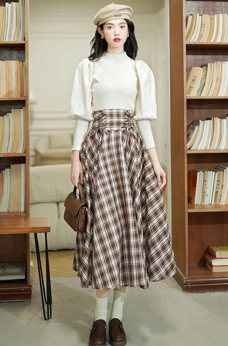 Choco Plaid Midi Skirt (Brown)