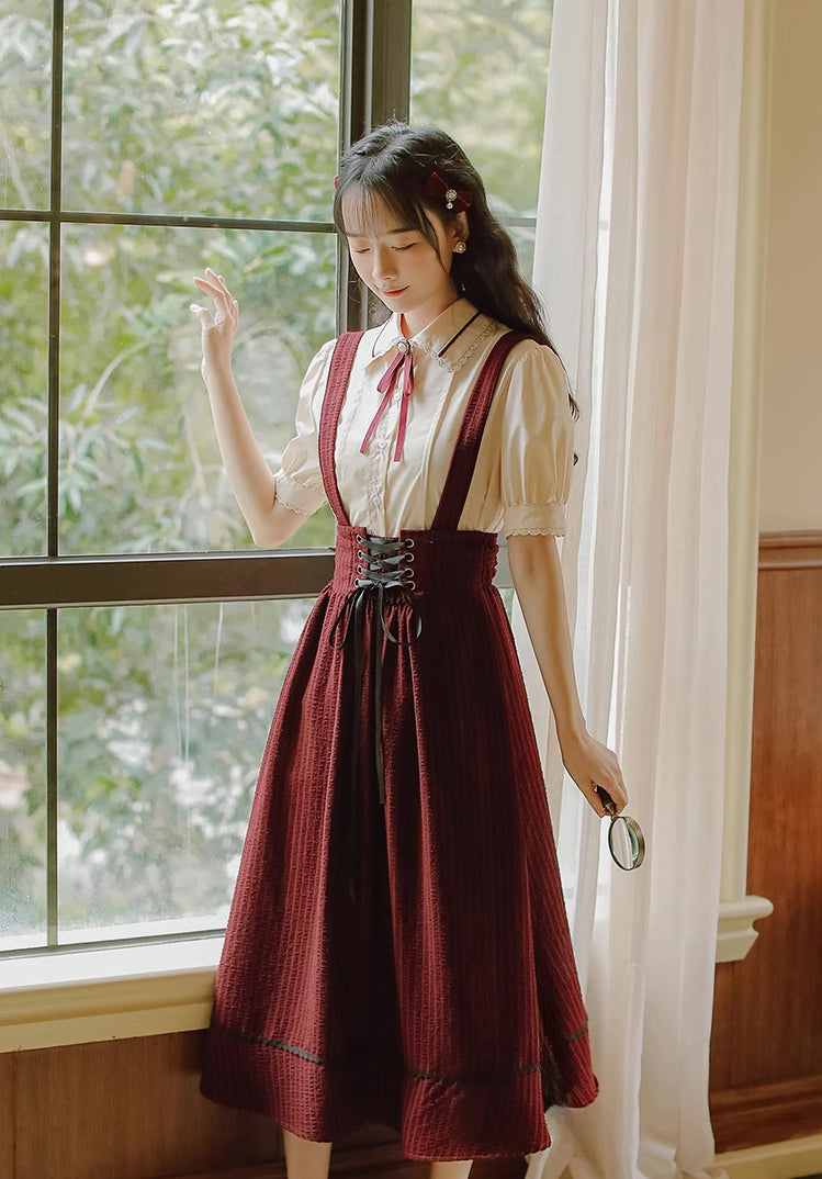 Short Sleeve Crepe Suspender Skirt Set (Maroon)