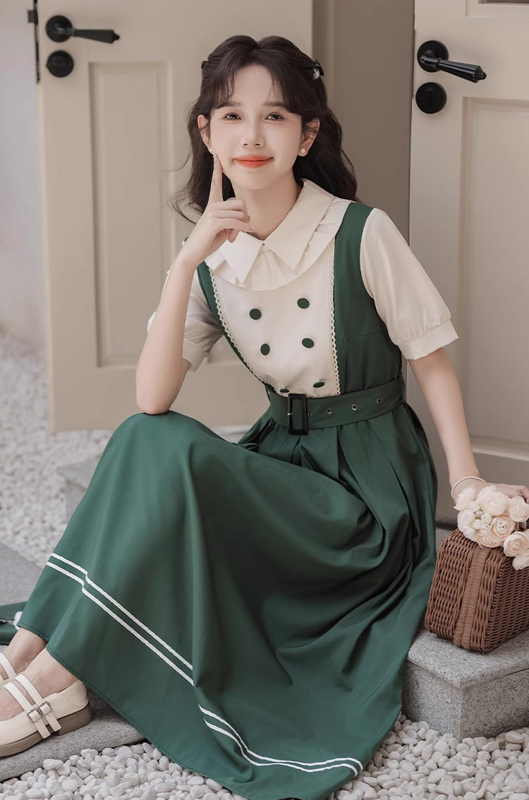 Lolita Short Sleeve Faux Layered Midi Dress (Green)