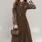 Chocolate Plaid Corduroy Twofer Midi Dress (Brown)