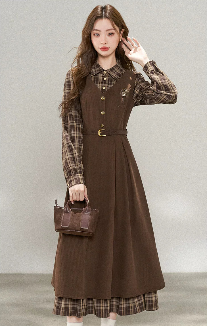 Chocolate Plaid Corduroy Twofer Midi Dress (Brown)