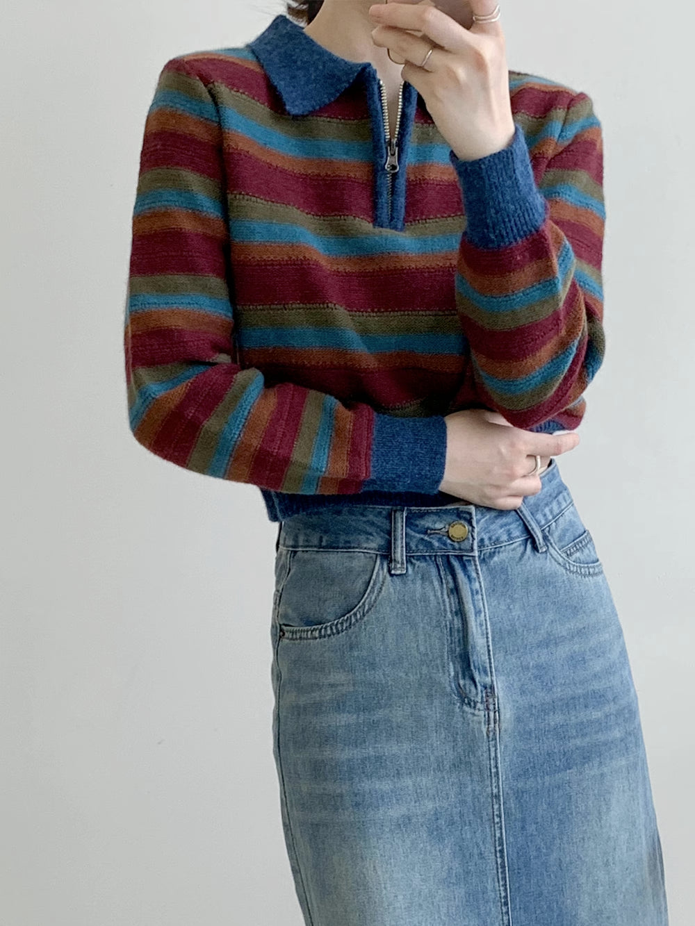 Autumn Vintage Stripe Polo Sweater (Blue/Red)