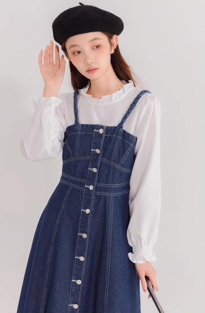 Button Down Denim Cami Midi Dress (Dark Blue)