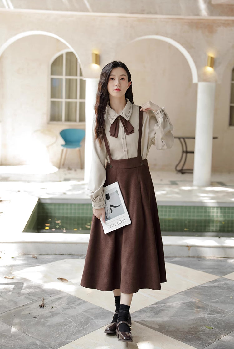 Corduroy Suede Suspender Skirt / Blouse (Brown)