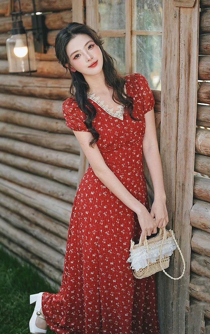 Ditsy Floral Maxi Dress (Red)