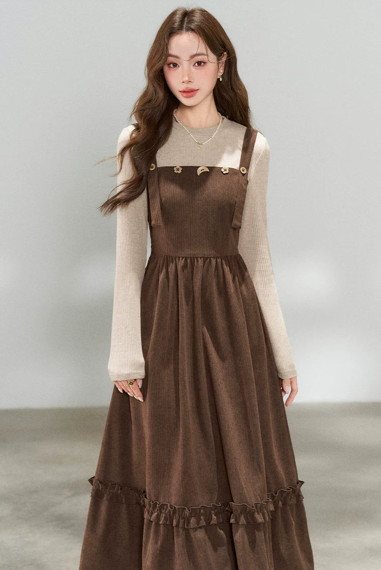 Playful Buttons Twofer Midi Dress (Brown)