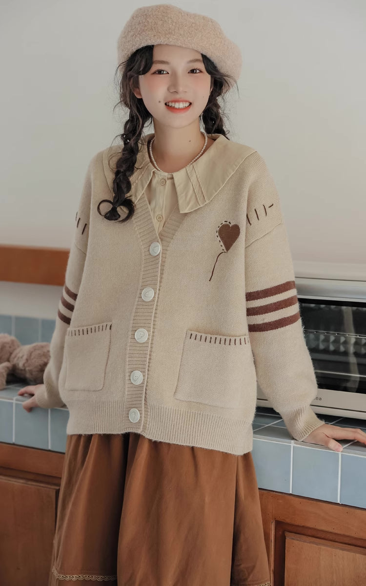 Stitched Up Heart Cardigan (Khaki)