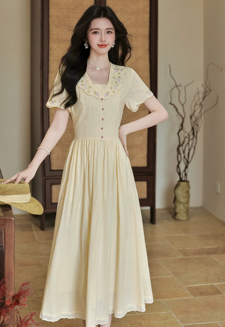 Grapevine Scallop Collar Midi Dress (Yellow)