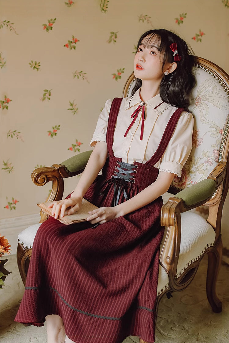 Short Sleeve Crepe Suspender Skirt Set (Maroon)