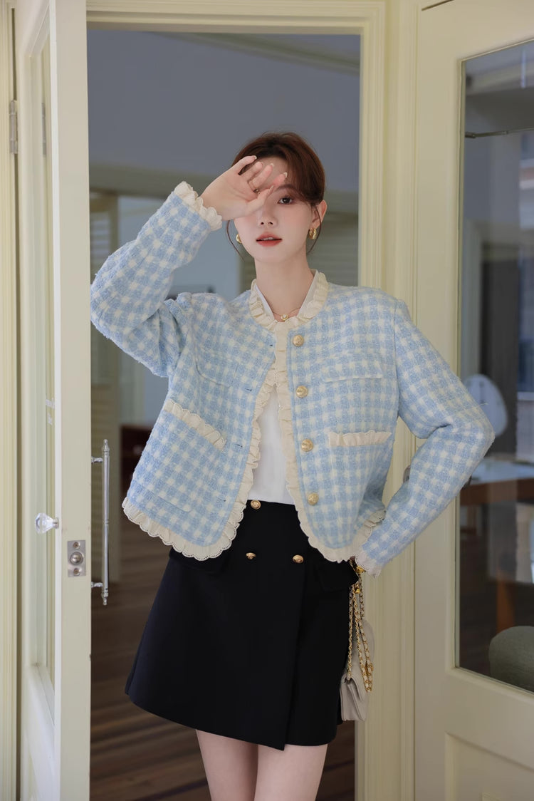 Gingham Lace Trim Tweed Jacket (Blue)