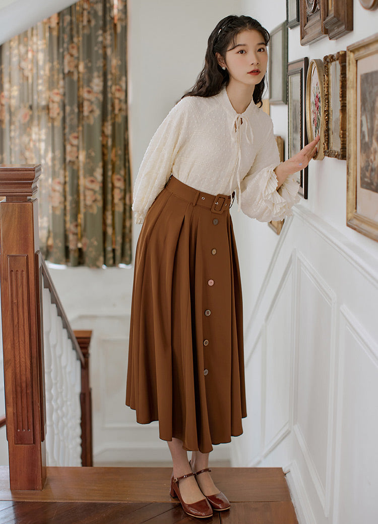 Classic Belted Button Midi Skirt (Brown)