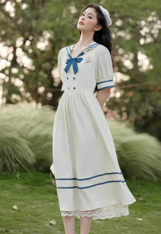 Sailor Girl Midi Dress (White/Blue)