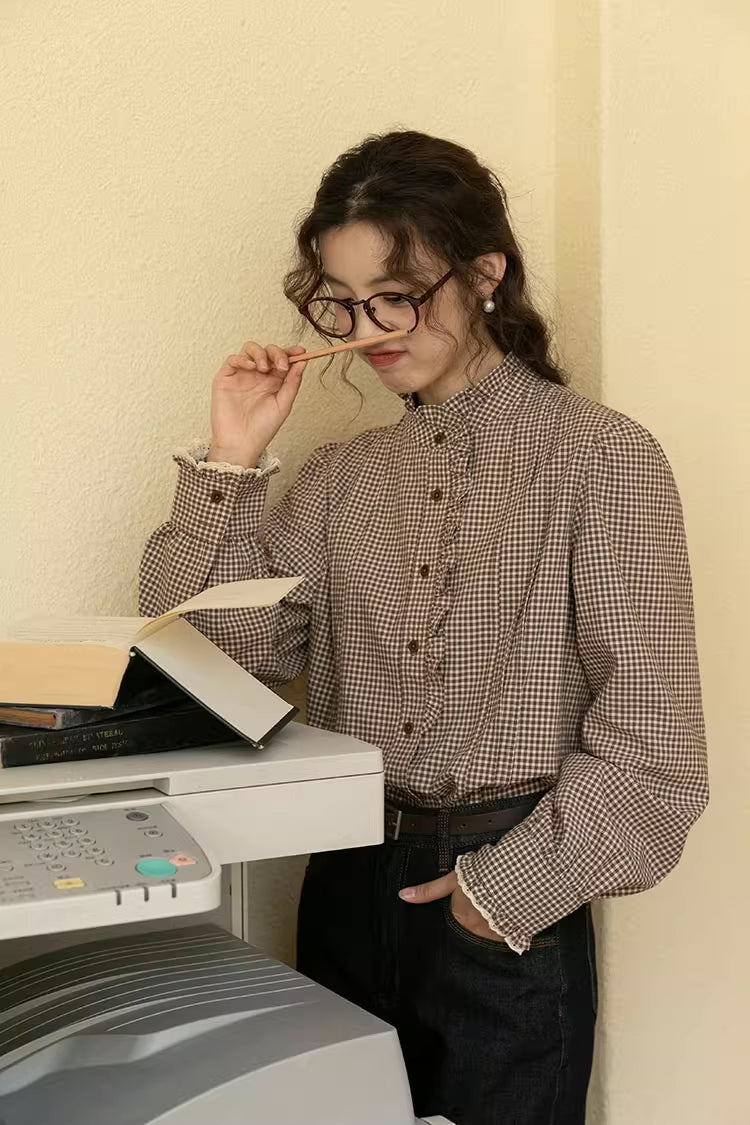 Gingham Plaid Ruffle Blouse (Coffee)