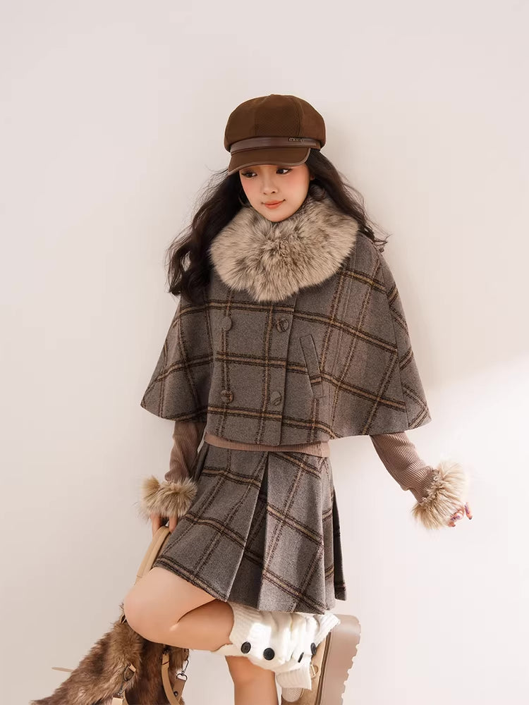 Library Plaid Capelet & Mini Skirt Set (Grey)