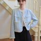 Gingham Lace Trim Tweed Jacket (Blue)