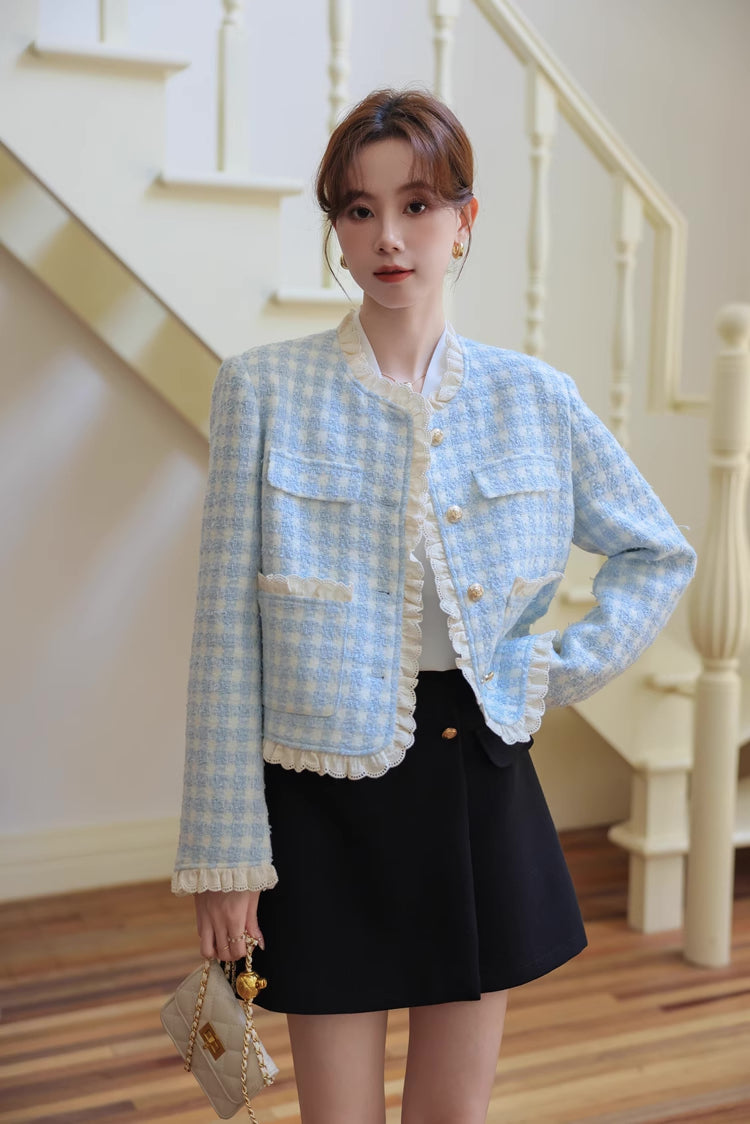 Gingham Lace Trim Tweed Jacket (Blue)