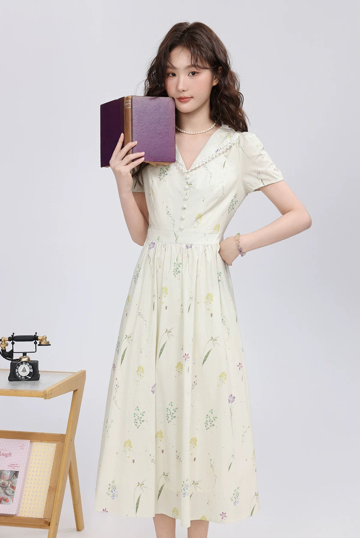 Dried Flowers Midi Shirt Dress (Cream)