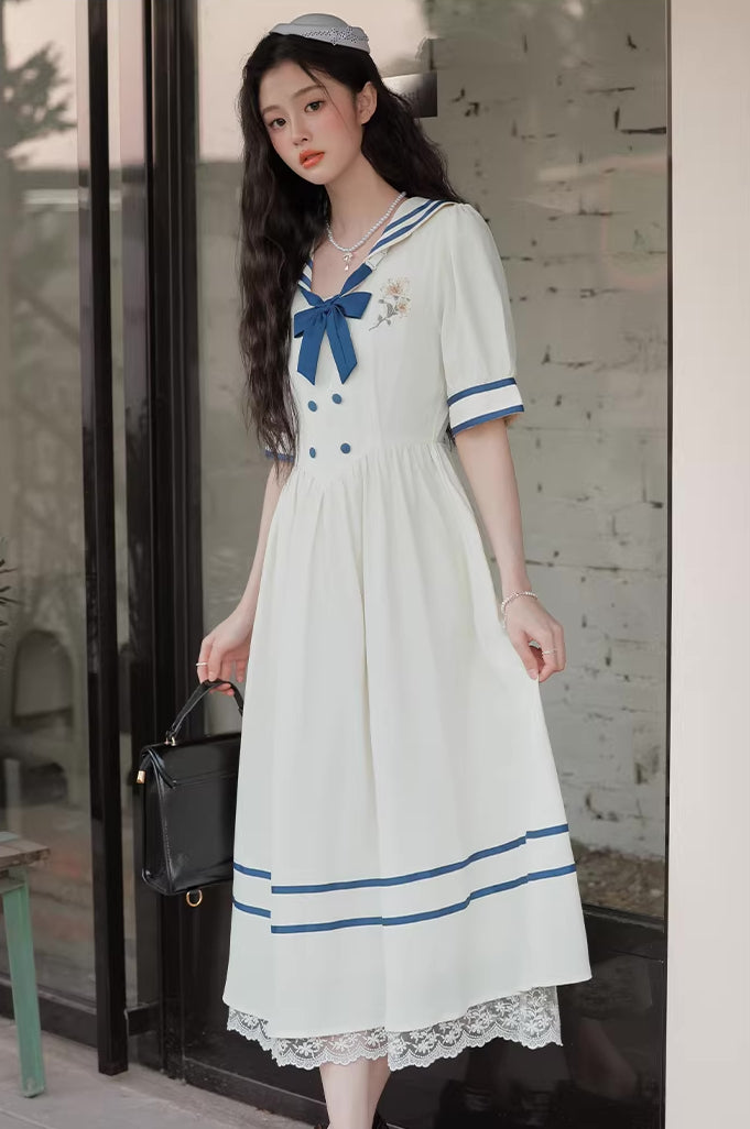Sailor Girl Midi Dress (White/Blue)