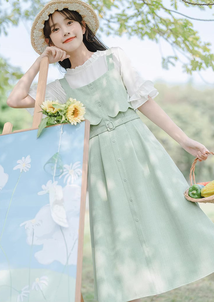 Button Stripe Midi Dress (Green)