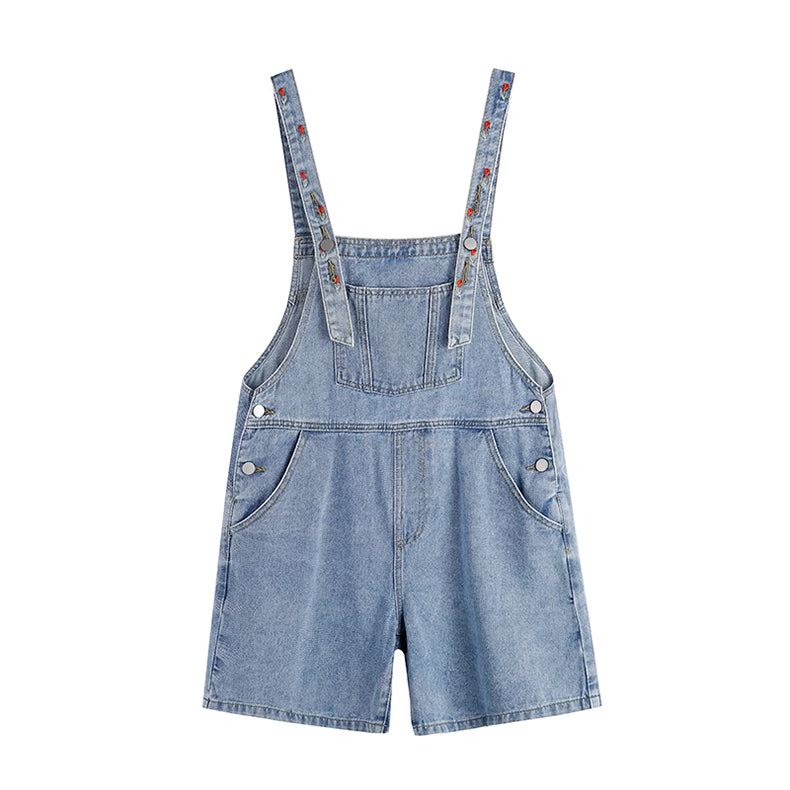 Rosy Days Embroidered Short Overalls (Light Denim)