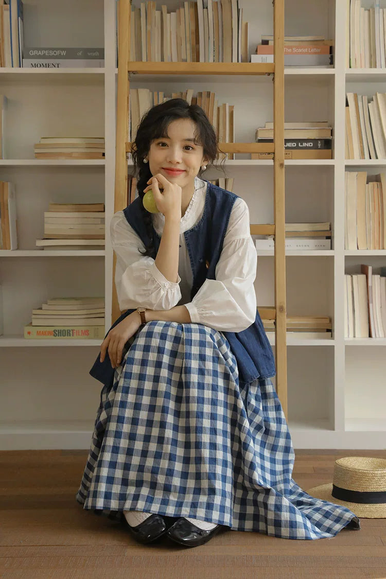 Everyday Blouse, Denim Vest & Gingham Skirt Set