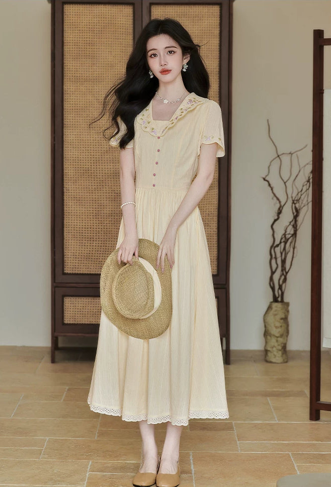 Grapevine Scallop Collar Midi Dress (Yellow)