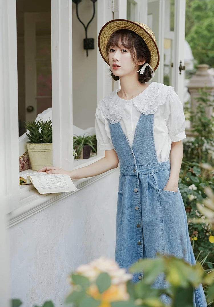 Button Denim Midi Pinafore Dress (Light Blue)