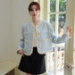 Gingham Lace Trim Tweed Jacket (Blue)