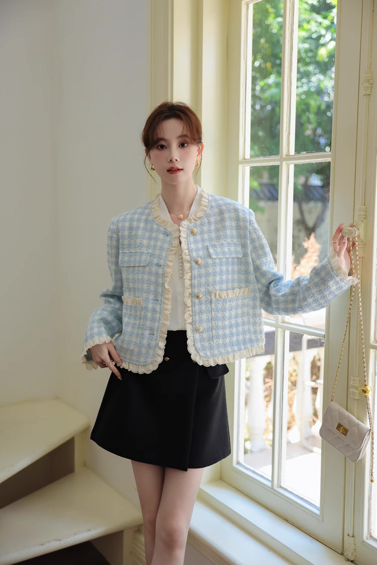 Gingham Lace Trim Tweed Jacket (Blue)