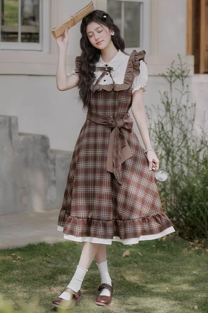 Hazel Plaid Flutter Twofer Midi Dress (Brown)