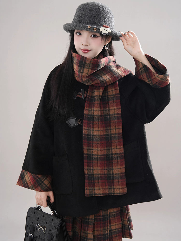 Bookshop Plaid Toggle Jacket & Skirt Set (Black)