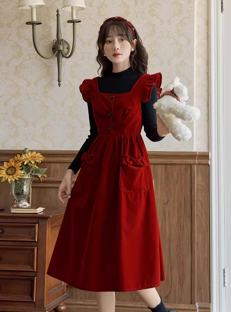 Velvet Frilly Bow Pinafore Dress (Red)