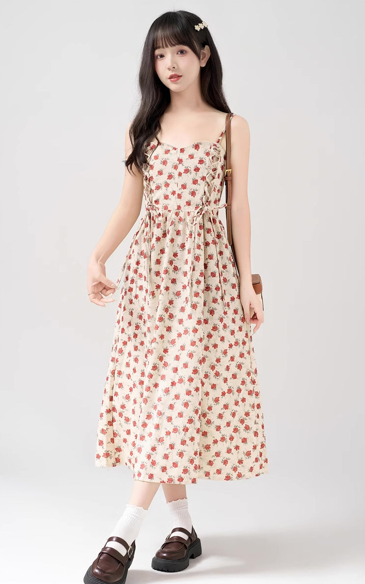 Lace Up Floral Cami Midi Dress (Beige/Red)