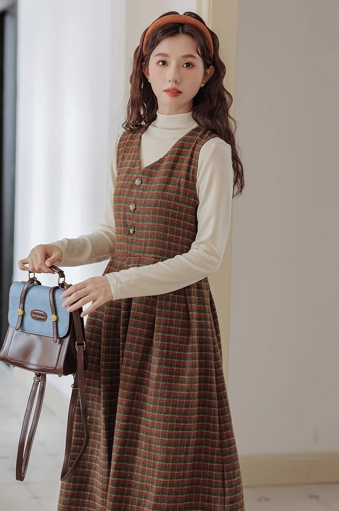 Fallen Leaves Plaid Pinafore Dress Set (Brown)