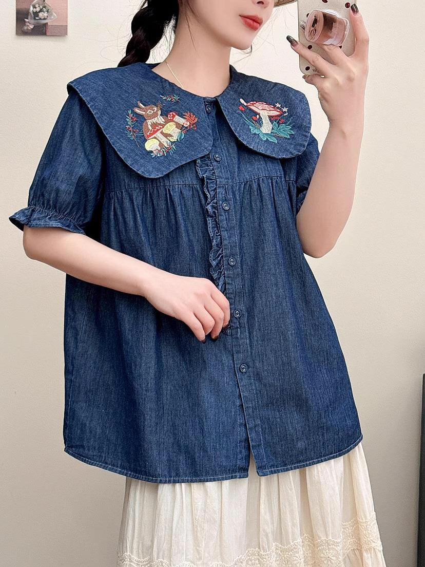 Mushroom Bunny Denim Blouse (2 Colors)
