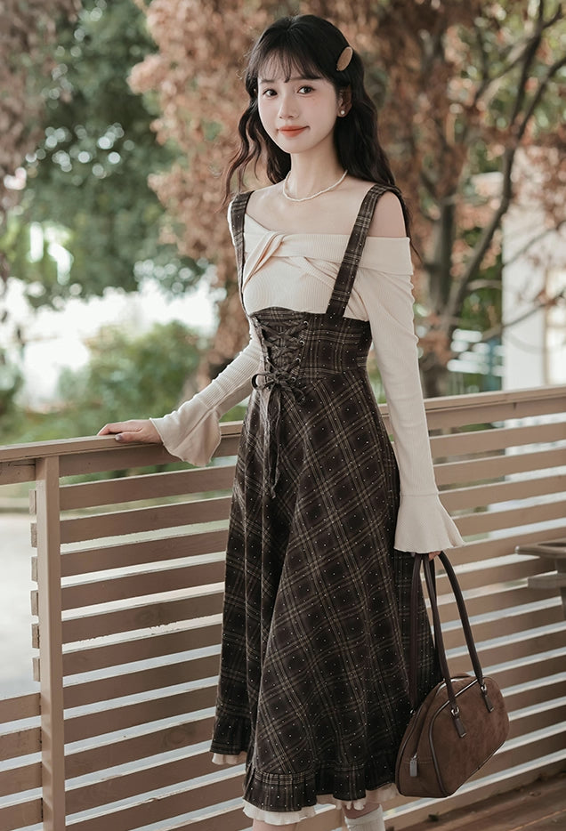 Snowy Plaid Twofer Suspender Midi Dress (Cream/Brown)