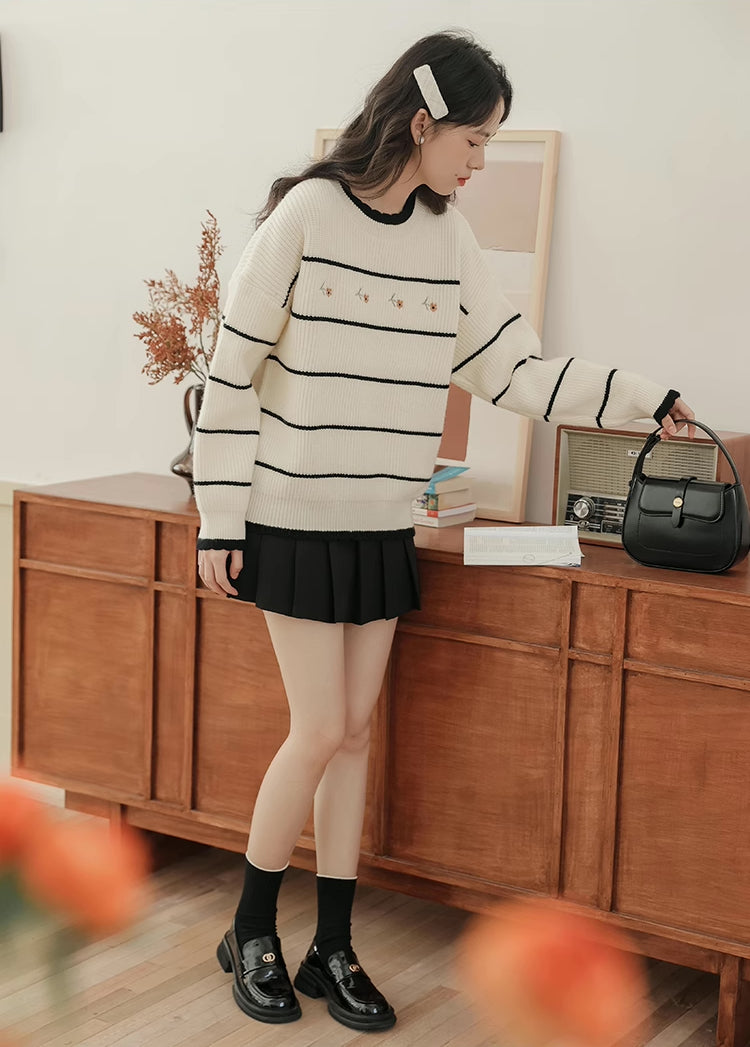 Emily Floral Stripe Sweater (White/Black)