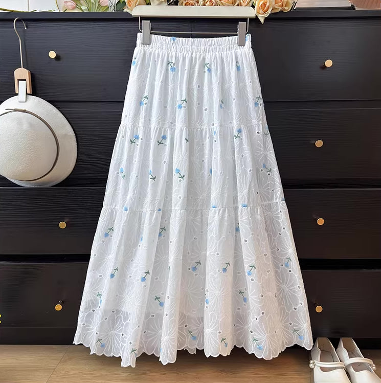 Flower Punch Midi Skirt (White/Blue)