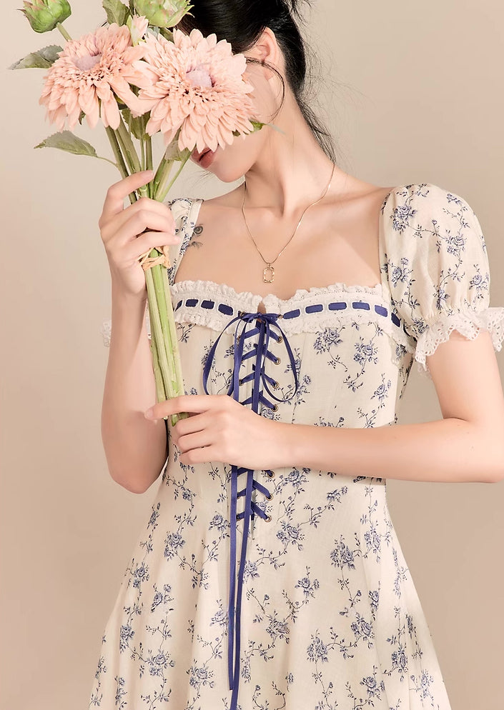 Porcelain Rose Lace Up Midi Dress (White/Blue)