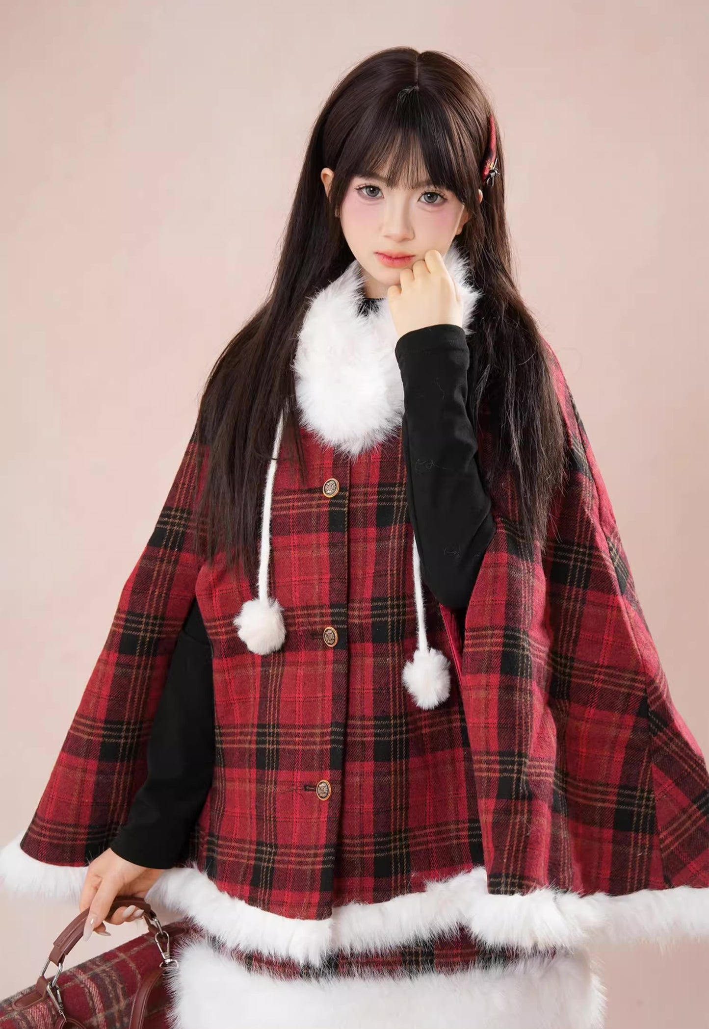 Merry Plaid Mini Dress & Capelet Set (Red)