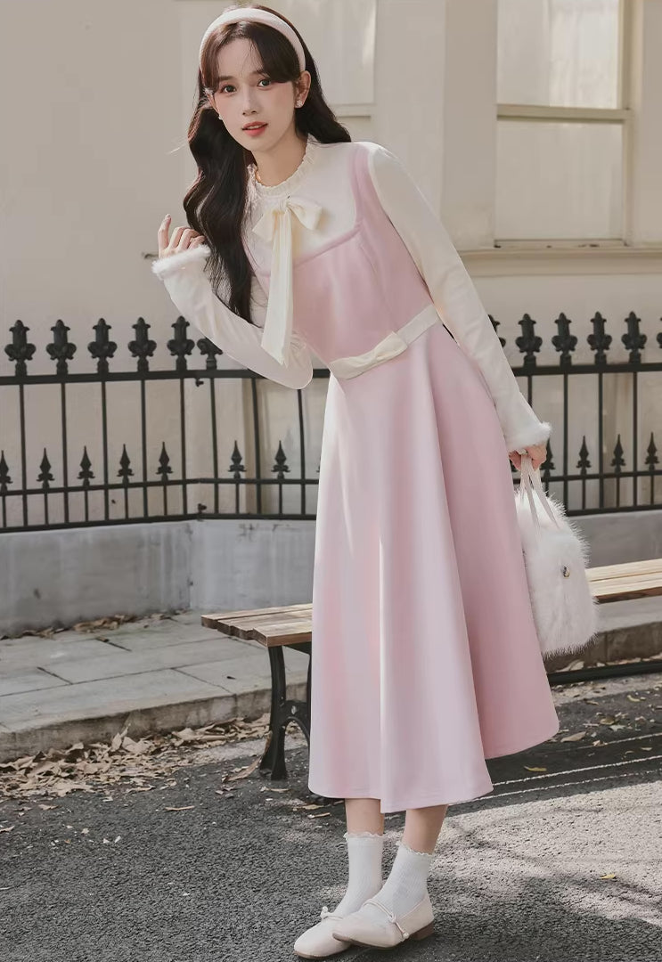 Cotton Candy Capelet & Midi Dress Set (Pink/White) S