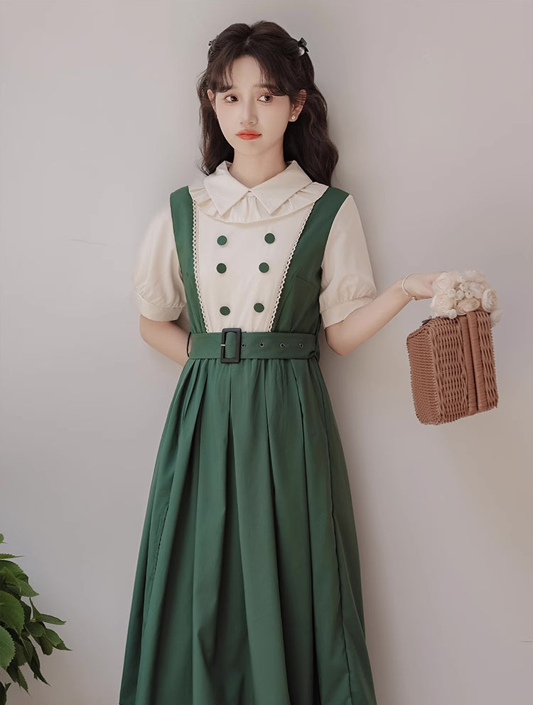 Lolita Short Sleeve Faux Layered Midi Dress (Green)