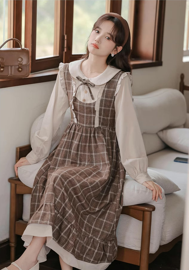 Cocoa Plaid Twofer Midi Dress (Khaki)