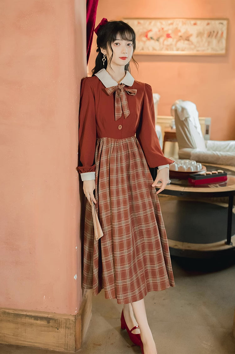 Maple Plaid Midi Dress (Rust)