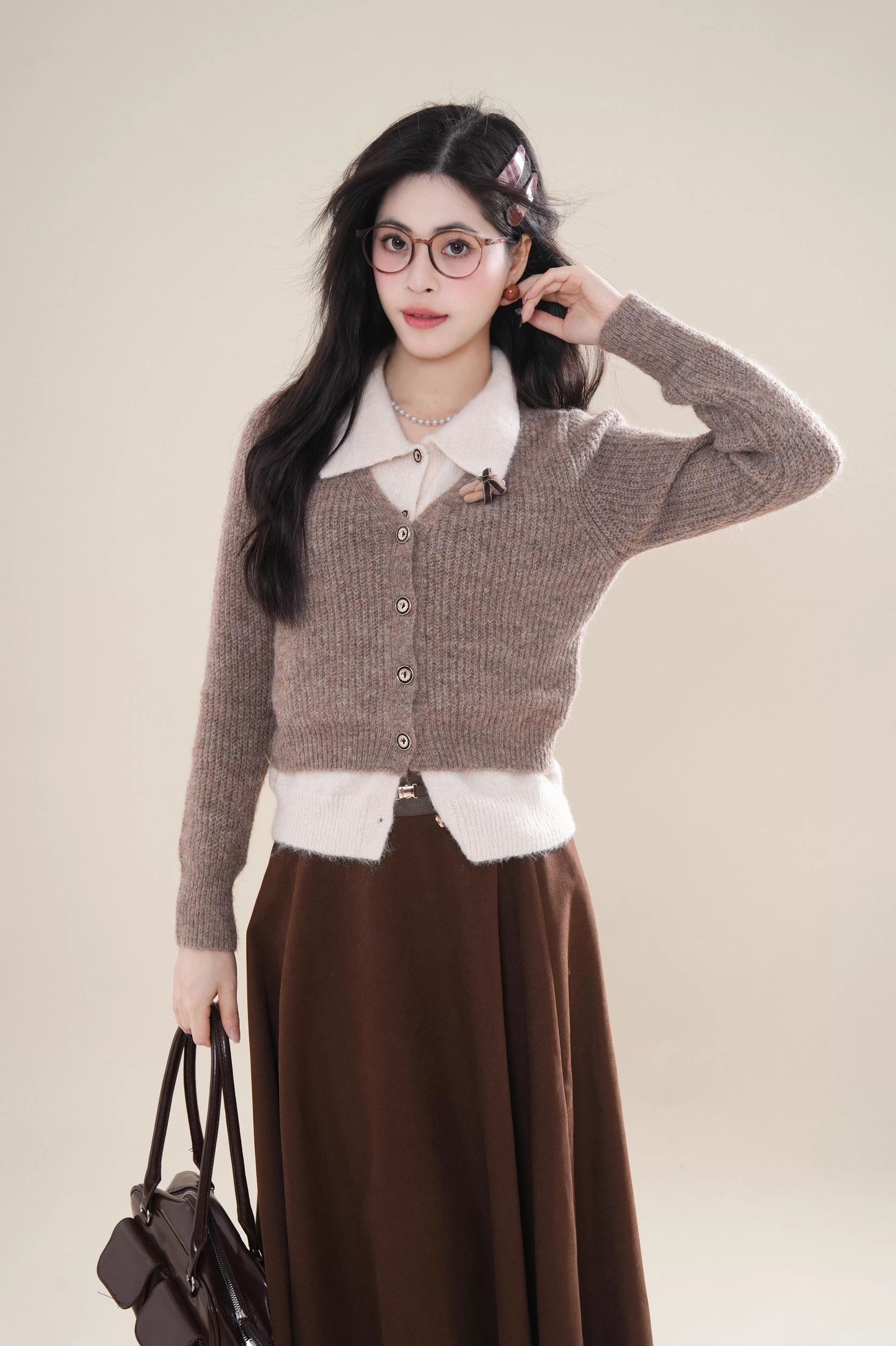 Faux Layered Cardigan (Khaki)